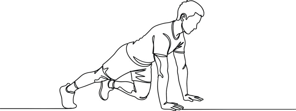 Continuous one line drawing of a man performing mountain climber exercise for fitness and workout concept