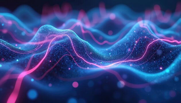 Abstract glowing blue and pink digital waves form financial charts. Data streams flow across a dark tech background. Futuristic interface visualizes market analytics.