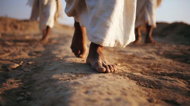 A man walking barefoot on a dusty path reflecting religious journey and faith. Concept of following a spiritual leader or pilgrimage, for Christian publication.