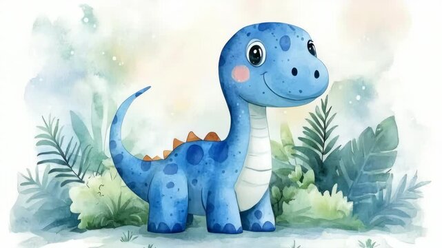 Adorable blue baby dinosaur blinking and smiling in a lush, prehistoric jungle setting