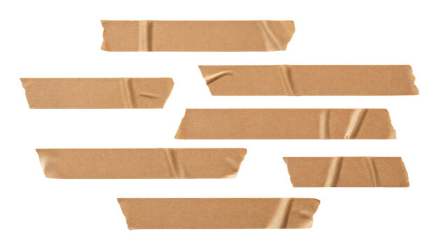 set of brown adhesive torn tape isolated transparent png background,Paper tape sticker with ripped edges,Design template or mockup.Torn masking tape