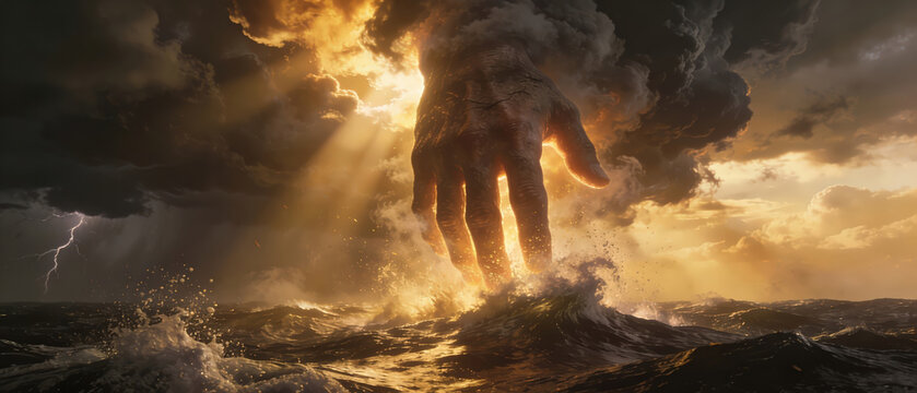 Giant hand from clouds touching turbulent ocean with light rays and lightning. Divine power and biblical storm. Religious concept.