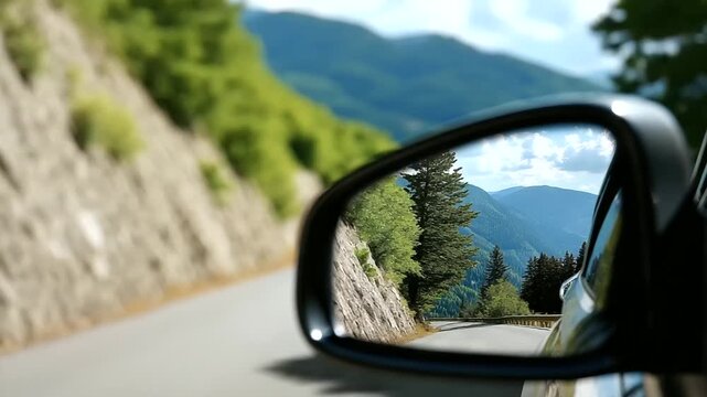 Car's side mirror reflecting scenic mountain and tree view, tranquil nature landscape capture, road trip photography, travel perspective scene, with copy space
