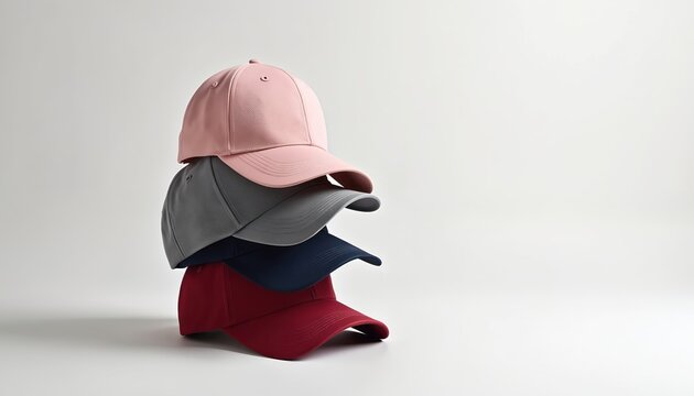 Stacked baseball caps in pink, grey, navy, and red are shown. This headwear collection displays modern style and design for everyday wear or sports activities.
