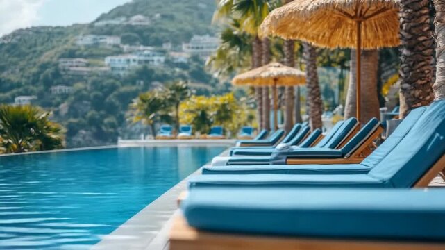 Sunbeds and thatched umbrellas lining a resort infinity pool with a beautiful mountain view