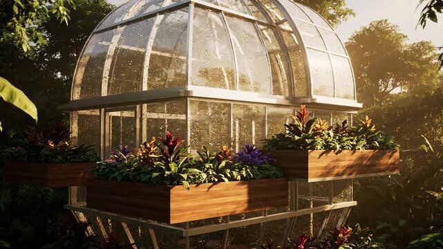 Lush greenhouse exterior with tropical plants and sunny warm light, creating a peaceful garden setting.