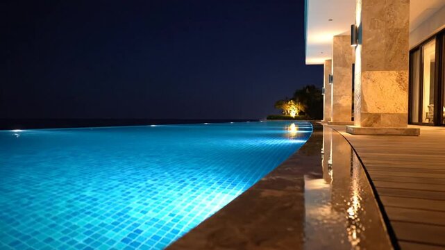 Luxurious infinity pool at night with ocean view under a starry sky offering relaxation and tranquility