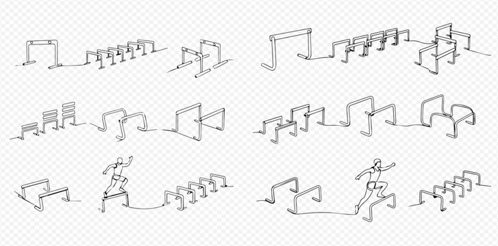 Continuous line drawing of hurdle race obstacles and a runner jumping over them, illustrating challenge and sport.