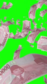 3D render. Animation. paper money bills falling. Business and finance green portrait background. Money rain 100000 rupiah indonesia banknotes money falling down. INA currency.