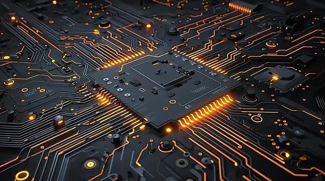 Illuminated electronic circuit board with glowing orange traces and central processor unit