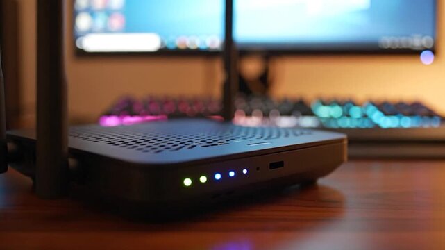 A modern black wireless internet router with glowing indicator lights sits on
