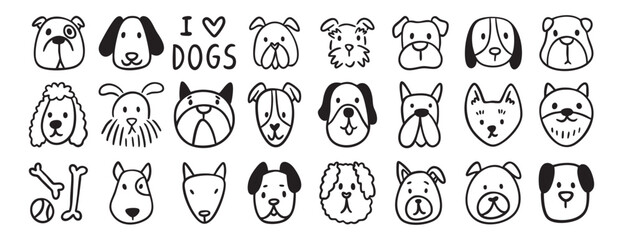 Dog doodle set, hand drawn puppy vector cute face animal clip art, children illustration, beagle husky bulldog, coloring, vet © Yanka