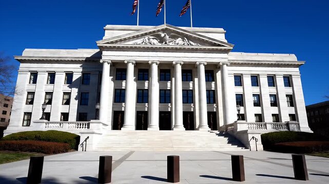 Grand state capitol building exterior under bright blue sky