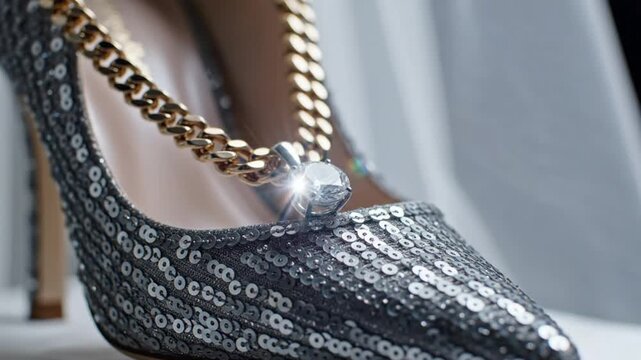 Luxurious silver sequin high heel shoe adorned with a sparkling gold chain and diamond pendant, close up