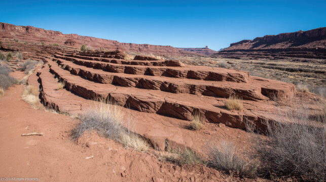 Stepped rock layers in a canyon wall, desert landscape. travel magazines, destination branding, wall prints, designed for outdoor magazines and nature guides, used by graphic designers.