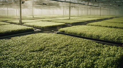 Obraz premium Extensive greenhouse cultivation of lush green seedlings across multiple levels for advanced agricultural production.