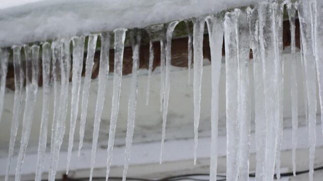 Row of long thin icicles hanging from a white roof under heavy snow