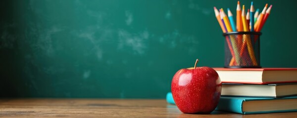 Naklejka premium Red apple rests on stack of books near pencil holder on wooden table. Green chalkboard background with faint chalk dust. Back to school concept.