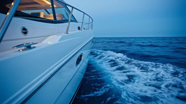 Luxurious white motorboat cruising across the dark blue ocean with its underglow lighting at twilight