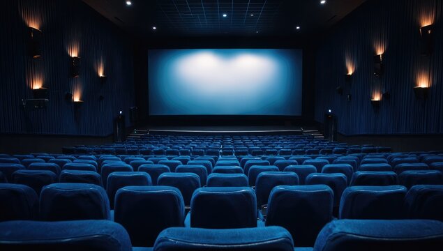 Interior perspective of a dark cinema with blue seats, lit by sconces, focused on the screen