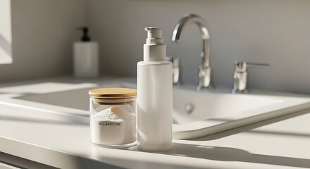 Minimalist bathroom setup featuring soap and hand sanitizer next to a faucet. allantoin