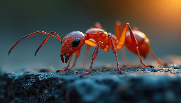 Red ant explores rough stone surface outdoors. Tiny insect with antennae moves slowly in natural environment. Focus on small creature anatomy details.