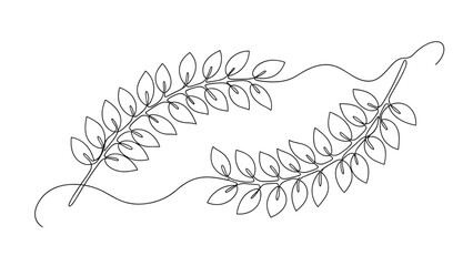 Continuous line drawing of two elegant leafy branches overlapping each other creates a minimalist and modern botanical art piece.