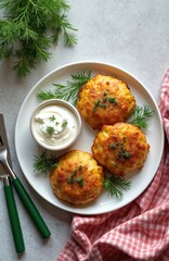 Fototapeta premium Three golden potato patties stuffed with meat are served with sour cream and dill on a white plate. This savory dish looks delicious and homemade, perfect for a rustic meal.