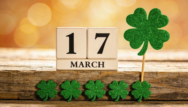St. Patrick's Day celebration with clover decorations and a calendar showing March 17