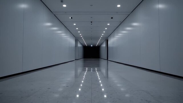 Entering a Long Bright Corridor in Modern Building