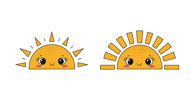 Two cute sun icons with smiling faces and different ray patterns represent a bright and cheerful morning or a sunny day concept.