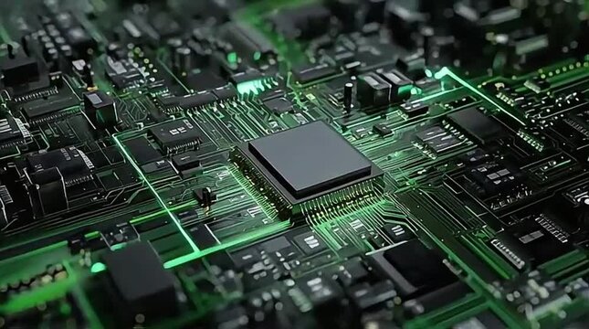 Illuminated Green Circuit Board with Central Processing Unit, High-Performance Computing