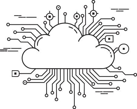 Cloud Computing and Network Technology Line Art Illustration: Digital Data Storage, Global Connection, and Server Infrastructure Concept