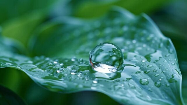 Raindrop landing on lush green plant leaf creating a sparkling natural water droplet effect, detail macro