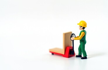 Toy construction worker pushes pallet jack with wood plank. Miniature figure works in logistics or warehouse. Tiny man in yellow hard hat and green uniform moves cargo.