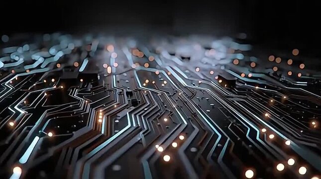 Futuristic Digital Circuit Board with Glowing Data Lines and Illuminated Connections