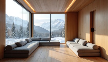 Fototapeta premium Modern minimalist interior with wooden walls and floor. Comfortable sofas face panoramic window view of snow covered mountains and pine forest. Cozy winter cabin retreat.