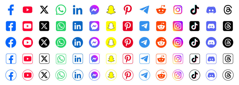 Icons of popular social media platforms, including Facebook, YouTube, X, WhatsApp, LinkedIn, Messenger, TikTok, Pinterest, Discord, and more.