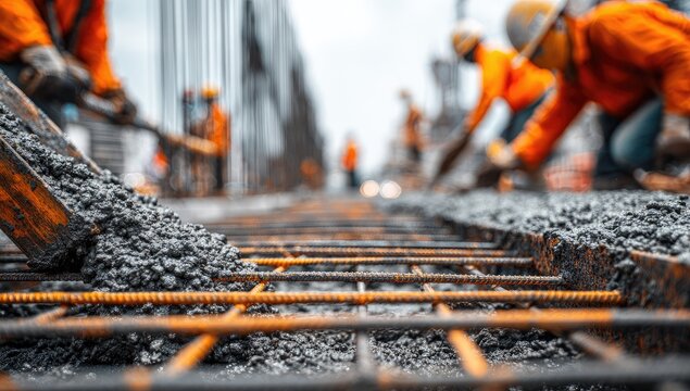 Workers pouring concrete at a construction site, shallow depth of field, focused on detail