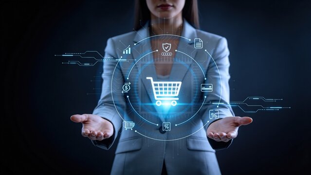 Businesswoman presenting digital shopping cart hologram,ecommerce payment security and online retail technology concept on dark futuristic background