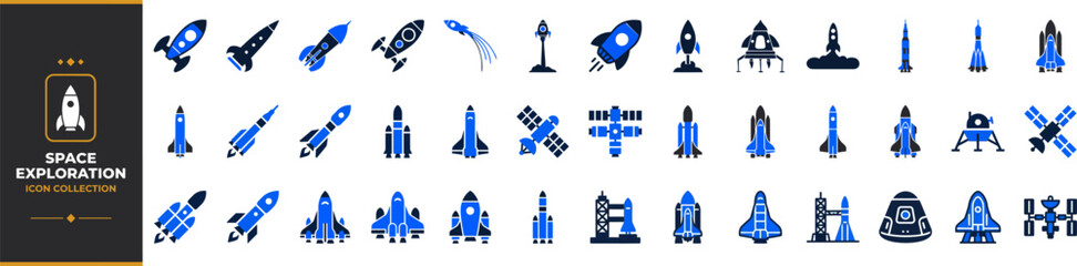 Space Exploration & Rocket Icon Set – Satellite, Space Shuttle, Planet, Astronaut, Galaxy, NASA, Launch System, Astronomy Duotone Glyph Vector Pack for UI & Web Design © Pixel_Forge