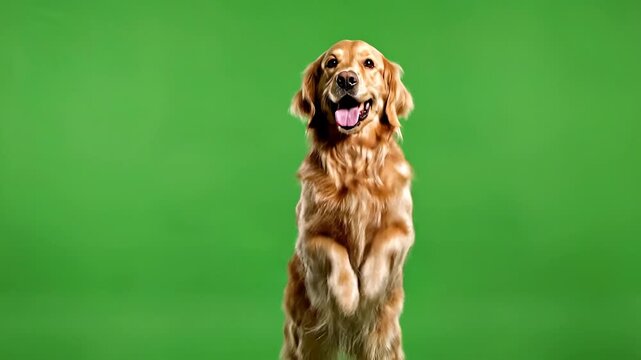 A golden retriever dog jumping up in a dancing celebration pose on a green screen background. Perfect for meme templates, social media posts, and greeting cards.