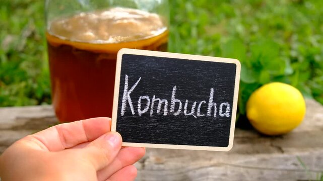 Kombucha in a jar at home. Selective focus.