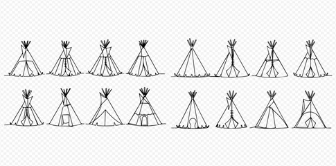 Set of hand-drawn teepee illustrations, perfect for camping, adventure, and outdoor-themed designs. © Lunara Arts