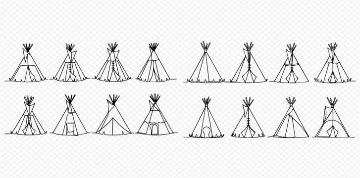 Set of hand-drawn teepee illustrations, perfect for camping, adventure, and outdoor-themed designs.