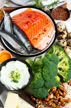 Set of foods high in vitamin D. Concept of healthy.