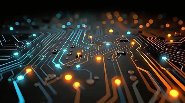 Detailed View of Electronic Circuit Board with Glowing Teal and Orange Paths