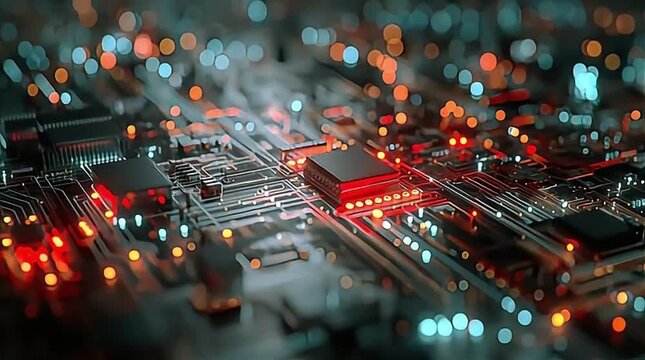 Close-up of Advanced Electronic Circuit Board with Glowing Microchips