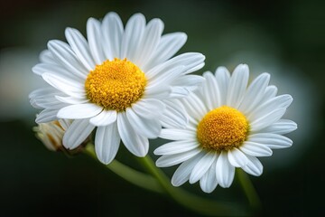 Fototapeta premium Close-up of two white and yellow daisies in soft focus against a blurred green background