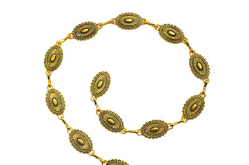 Vintage Gold Metal Chain Belt with Ornamental Oval Elements Isolated on White Background.
